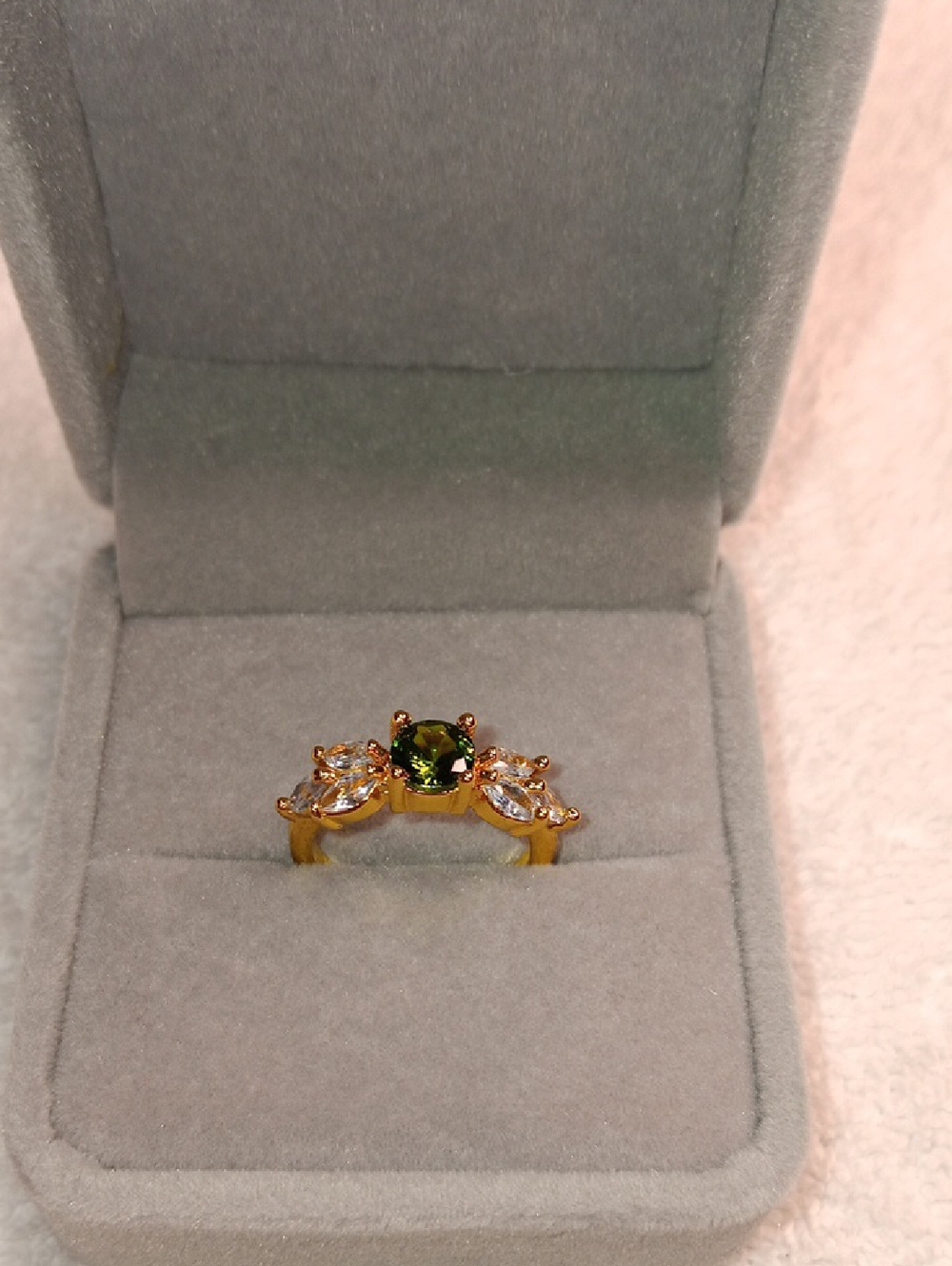 Gold Ring with Green Gemstone and Clear Accents - Size 6 - NWOT